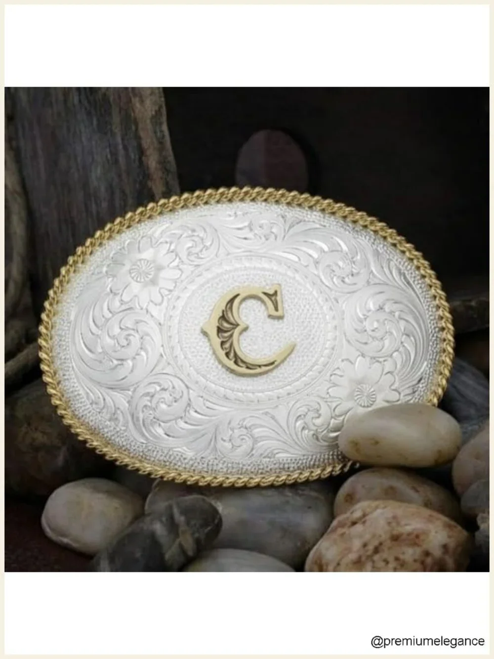 Initial Engraved Gold Trim Western Belt Buckle - Nickel Alloy Base